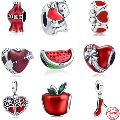 New 925 Sterling Silver Watermelon Red Heart Spacer Apple Bead Fit Original Pandora charm Bracelets Women DIY Jewelry