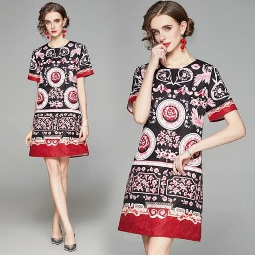 New Fashion Designer Runway 2021 Summer Dress Womens Short Sleeve O Neck A-Line Luxury Jacquard Printed Vintage Mini Dress