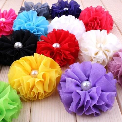 120pcs/lot 6.5cm 15colors Ballerina Chiffon Flower With Pearl For Girls Hair Accessories Artificial Fabric Flowers For Headbands
