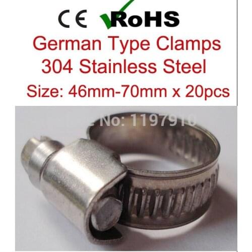 46mm-70mm x 20pcs Top Quality German Style 304 Stainless Steel Hose Clamp SS Fastener Pipe Clip 9mm Band Width Tube Clips