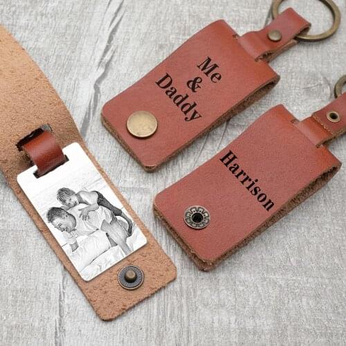 Personalized Leather Keychain Fathers Day Gift Picture Keychain Custom Photo Keychain Keepsake Keyring