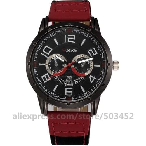 100pcs/lot Womage 1466 Roman Numerals With Scale Scale Watch Strap PU Belt Fashion Watches Two Eye Red Pointer Watch For Men