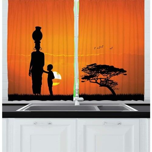 Afro Decor Curtains Living Room Bedroom Orange Black Window Drapes for Kitchen Child and Mother at Sunset Walking in Savannah De