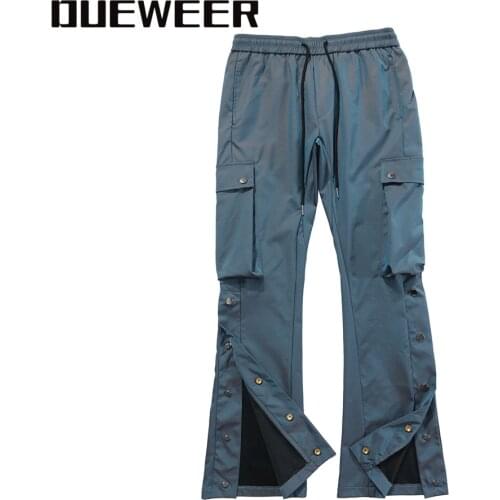 Dueweer Mens Colorful Reflective Flared Streetwear Fashion Cargo Flare Pants Multiple Pockets Side Buttons Removable Trousers