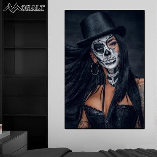 Hat Skull Tattoo Woman Canvas Painting Pop Sexy Cool Girl with Long Hair Vintage Wall Art Poster Black Bedroom Decor Cuadros