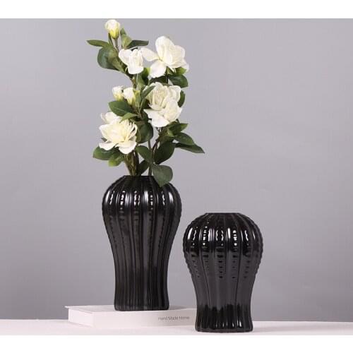 Creative Irregular Ceramic Vase Dried Flower Desktop Decoration Black Vertical Pattern Hydroponic Flower Vase Home Decoration