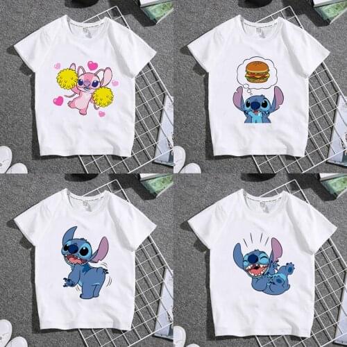 Disney Stitch Summer Childrens Clothing Mens And Womens Cartoon T-shirts With Print Comfortable Round Neck Short Sleeves