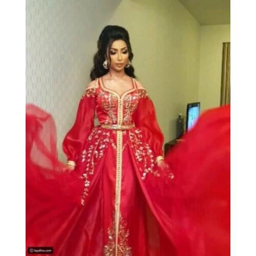 New coming Moroccan Kaftan Evening Dresses Embroidery beads Appliques Long Evening gown Cafutan red dresses Arabic Party-gowns