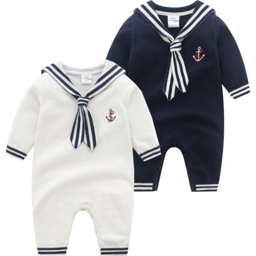 Fashion Baby Sailor Rompers Long Sleeve Newborn Boys Girls Cotton Knitted Jumpsuits Outfits One Pieces Full Sleeve Children Wear