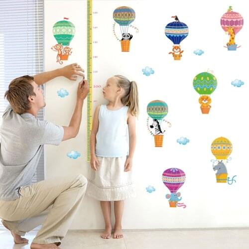 Cartoon Animals Balloons Kids Height Stickers Creative Hot Air Balloon Wall Stickers for Babys Room Children Grow Wallpaper