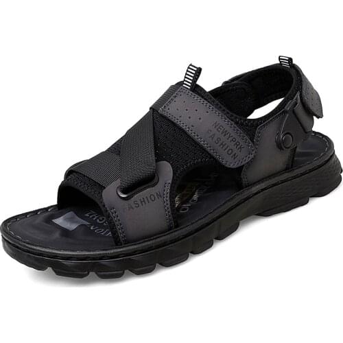 Mens Sandals Beach Shoes Non-Slip Breathable Genuine Leather Cowhide Patch Mesh Loop Toe Quick Drying Lightweigt New Brands 44