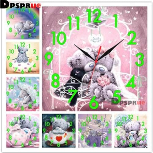 Dpsprue With Clock Full Drill 5D Diy Square Round Diamond Painting Cross Stitch Cartoon Bear Mosaic 3d Embroidery Gift