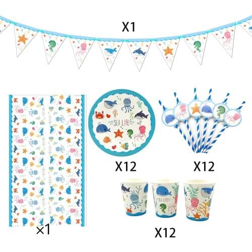 38Pcs for 12kids Sea Life Sea World Marine Animal theme birthday party supplies tableware set, plate+straw+cup+tablecover+banner