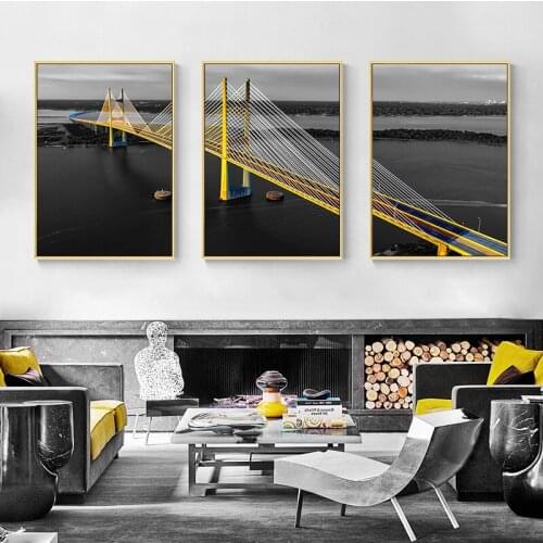 Golden Building Bridge Wall Art Canvas Painting City Landscape Nordic Posters and Prints Wall Picture for Living Room Home Decor