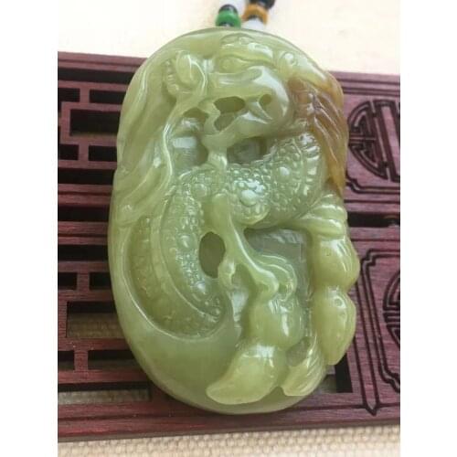 Natural A hetian green jade pendant handcarved dragon lucky green jade pendant unique jadeite jade necklace men jewelry