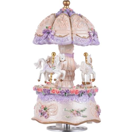 Luxury Dream 3-Horse Rotating Carousel Merry-go-round Windup Music Box with Colorful Color Change LED Luminous Light Melody of