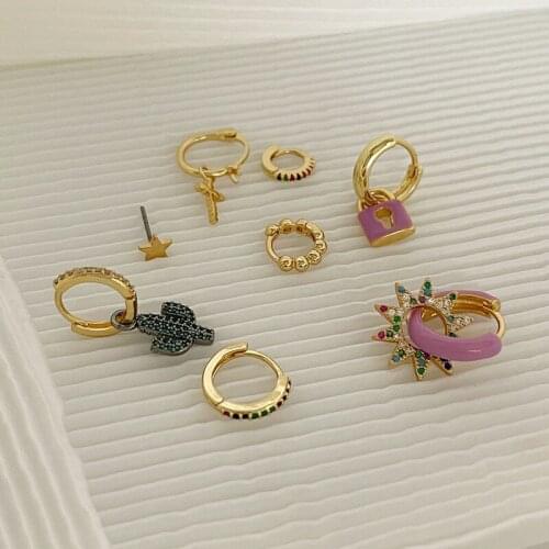 Minar Delicate Zirconia Cross Cactus Hoop Earring Sets Brass Gold Pendant Earrings Multicolor Star Lock Huggie Earring for Women