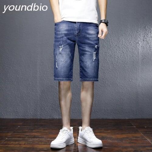 Summer Short Jeans Men Casual Shorts Men Hole Denim Shorts Knee-Length Shorts Mid-Waist Zipper Cargo Shorts Streetwear