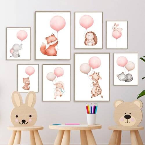 Nordic Poster Elephant Bunny Giraffe Fox Bear Flying Balloon Wall Art Print Canvas Painting Nursery Wall Pictures Baby Kids Room