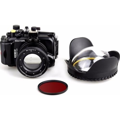 40M Underwater Waterproof Camera Housing Diving Case for Sony DSC RX100 IV RX100 M4 + Red Filter 67mm + 67mm Fisheye Lens