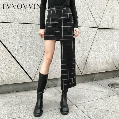 TVVOVVIN 2020 New Spring Summer High Waist Black Plaid Printed Irregular Hem Stitch Half-body Skirt Women Tide L788