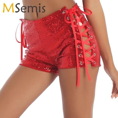 Womens Glitter Sequins Shorts Sexy Pole Dancing Jazz Party Bling Shorts Fashion Side Lace-up Nightclub Short Trousers Clubwear