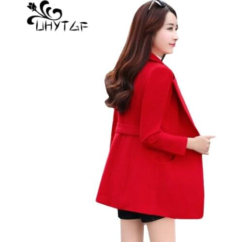 UHYTGF Korean Women Autumn Winter wool coats fashion Elegant Ladies short outerwear Lapel Double-breasted slim Female jacket 136