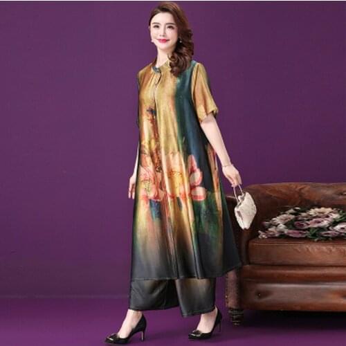 2 Pieces Autumn National Sunscreen Cardigan Dress Suits Printed Large Size Loose Women Elegant Wide Legged Trousers Female