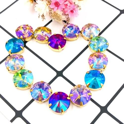 8mm/10mm/12mm/14mm round shape 20pcs crystal Glass gold base flatback sew on rhinestones with claw for DIY clothing Accessories