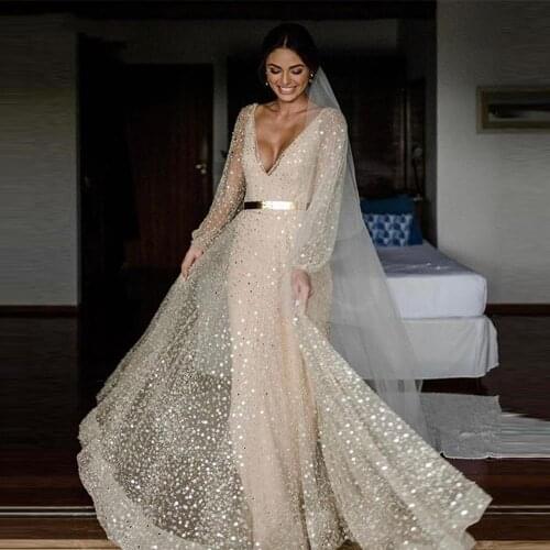 Champagne Glitter Two Pieces Wedding Dresses With Deatachable Coat Gold Sash 2021 Puff Long Sleeves V Neck Bride Gowns