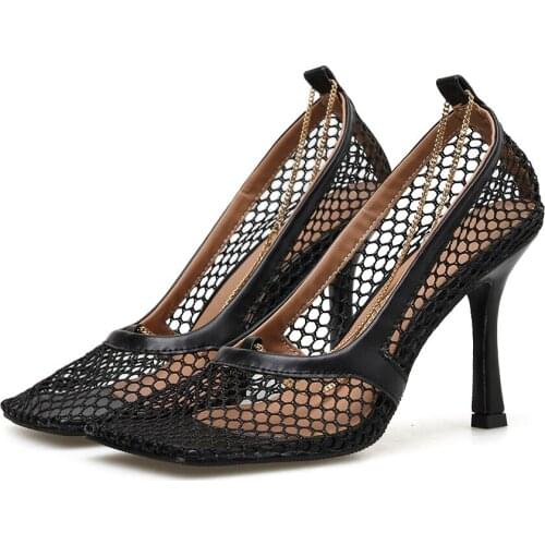 DDYZHY Sexy Mesh Pumps Sandals Square Toe High Heel Chain Stiletto Hollow Party Dress Pumps Shoes 9CM Zapatillas Summer Autumn