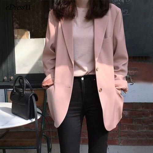 EDressU 2021 Women Pink Blazer Jacket Korean Black Casual Suit Spring Jacket Single Breasted Office Business Outwear ZX-7