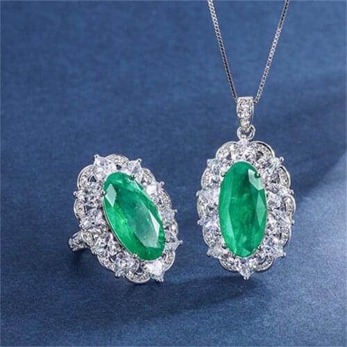 QTT Fashion Jewelry Sets Green Oval Crystal Emerald Gemstones Jewelry Sets For Women Pendant Necklaces Wedding Party Gift
