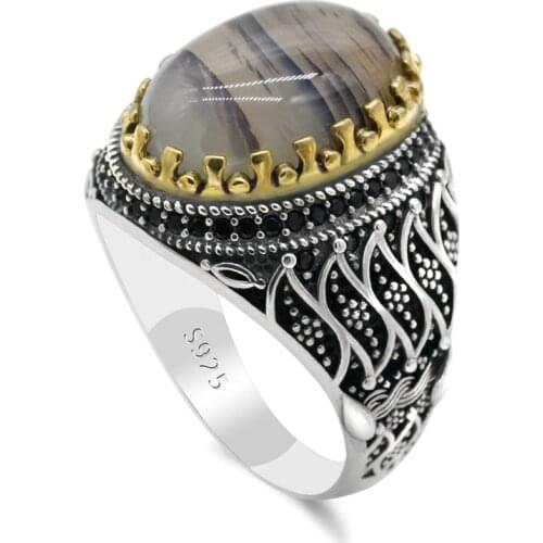 S925 Sterling Silver Natural Agate Man Ring with Vintage Gemstone Gold Crown Brass Turkish Jewelry Husband Male Birthday Gift