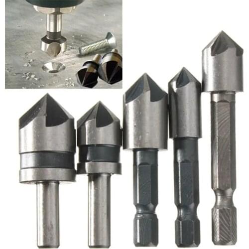 5pcs 5 Flute HSS Countersink Drill Bit Set 82 Degree 1/4inch Shank Counter Sink Chamfering Bits Cutters For Woodwork Power Tools