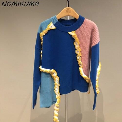 Nomikuma Irregualr Contrast Color Women Sweaters Causal Long Sleeve O-neck Knitted Pullovers 2021 Autumn Winter New Pull 6L137