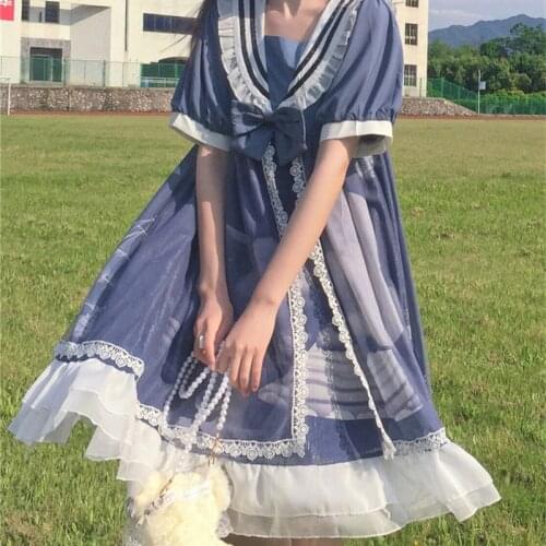 New Summer Loose Casual Lolita Dress Sailor Navy Wind Bow Knot Wood Ear Collar Cute and Elegant Girl Dress Cosplay Party Dress