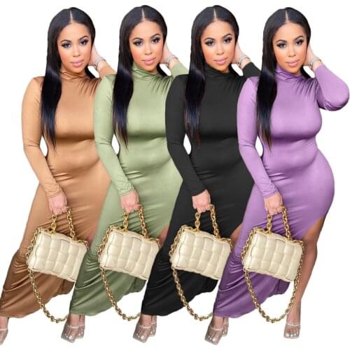 Long Sleeve High Collar Solid Color Knitted Bodycon Dress Women Spring Slim Side Slit Long Dress