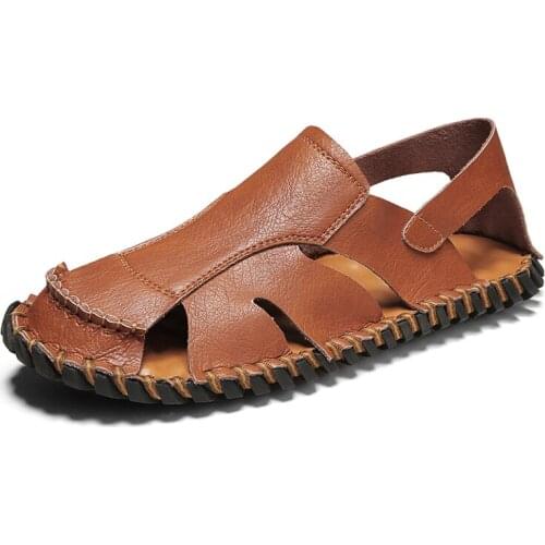 Summer Genuine Leather Outdoor Sandals Men Sandals Handmade Classic for Male Soft Comfort Breathable Walking Beach Shoes Slides