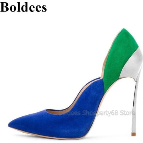 Fashion Blue Green Suede Leather Mixed Color Patchwork Women High Heel Dress Shoes Pointed Toe Blade Heeled Pumps Party Shoes