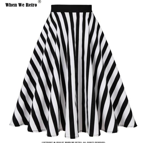 When We Retro Midi Skirt SS0007 A Line Swing High Waist Striped Skirts Black White Cotton Vintage Rockabilly Women Skirt Pockets