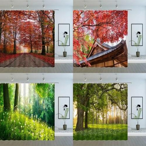 Landscape Shower Curtain Forest Tree Leaves Spring Fall Natural Scenery Pattern Print Bathroom Decor Polyester Curtain Set Cheap