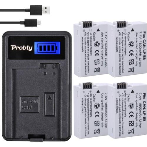 PROBTY 4pcs LP-E8 LP E8 Battery + LCD USB Charger For Canon 550D 600D 650D 700D Digital X4 X5 X6i X7i Rebel T2i T3i T4i T5i