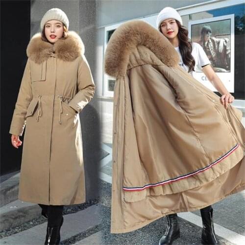 Fur Collar Long Hooded Parka 2021 New Winter Jacket Women Big Pocket Adjustable Waist Cotton Liner Coat Three Ways To Wear
