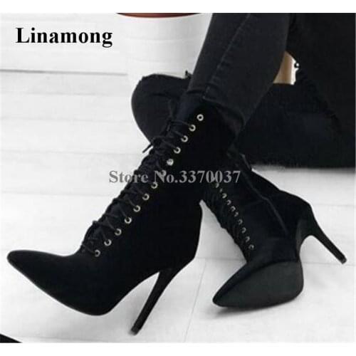 Women Classical Style Pointed Toe Black Suede Leather Thin Heel Short Boots Lace-up High Heel Ankle Boots Formal Dress Shoes