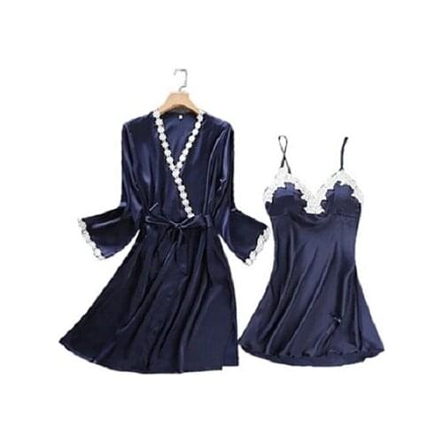 Sexy Embroidery Robe Gown Set Women Satin Dress Gown And Short Kimono Robe 2 PCS Nighties Sleepwear Home Wear 1701 High Quality