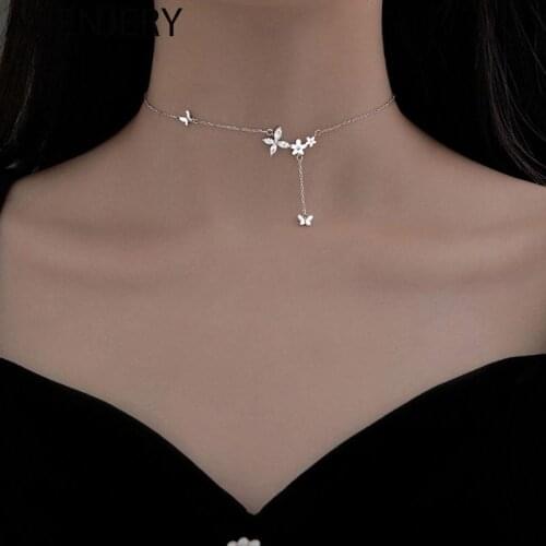 ANENJERY 925 Sterling Silver Shiny Zircon Butterfly Flowers Necklace For Women Simple Sweet Clavicle Chain All-Match Jewelry