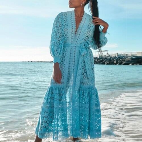 2021 Designer Summer Spring Maxi Dress Women Fashion Design Hollow Out Water-soluble flower Lantern Sleeve Elegant Dresses