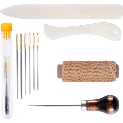 10Pcs/set Leather Wood Handle Awl Tools kit For Leathercraft Stitching Sewing Accessories