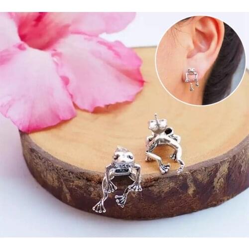 100% Real 925 Sterling Silver Cute Frog Earring For Men Women Retro AnImal Ear Dangler Ear Stud Jewelry